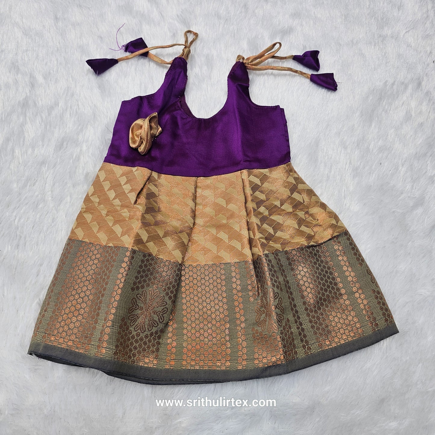 Baby silk frock with purple semi silk top and gold bridal silk skirt by Sri Thulir Tex