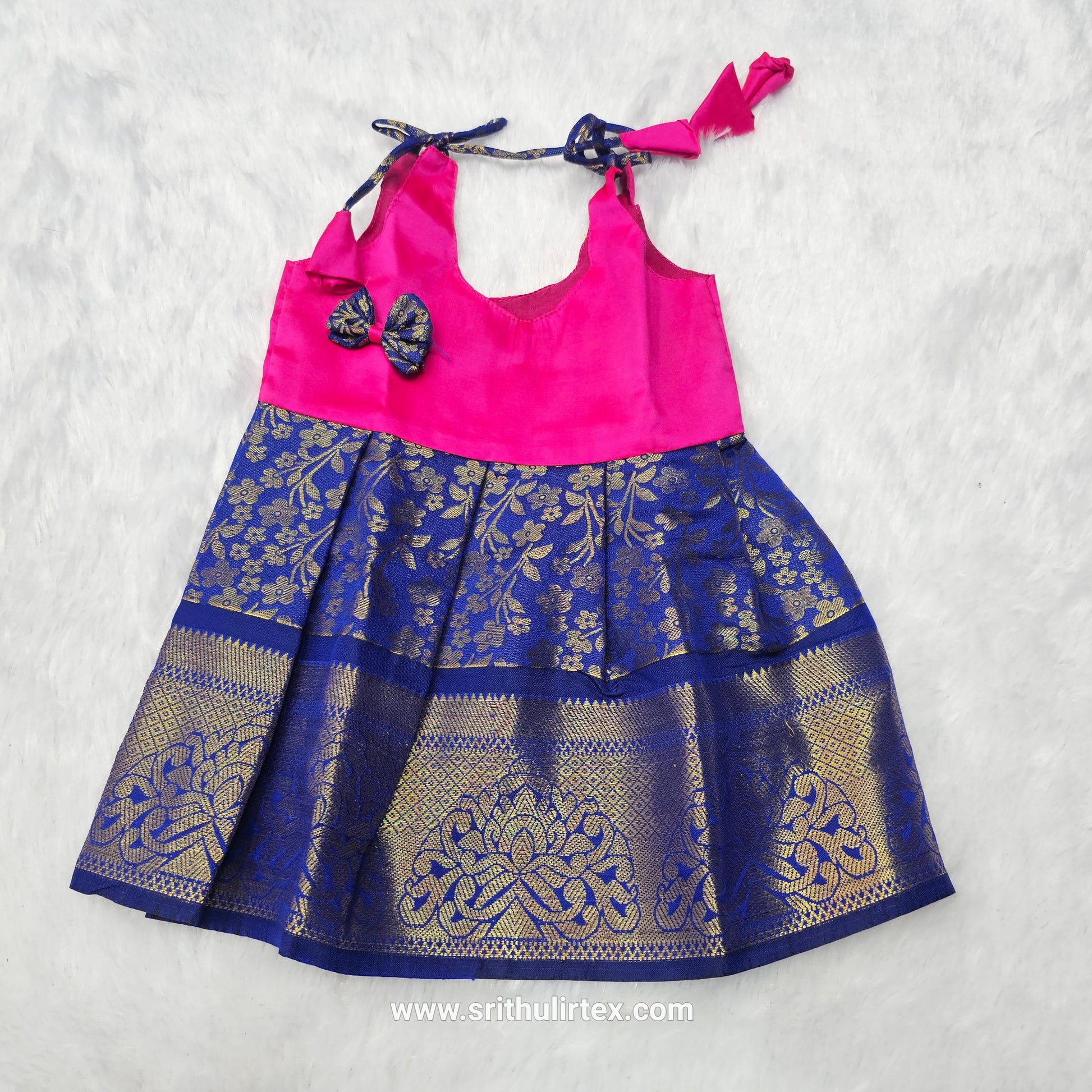 Baby silk frock with purple semi silk top and gold bridal silk skirt by Sri Thulir Tex