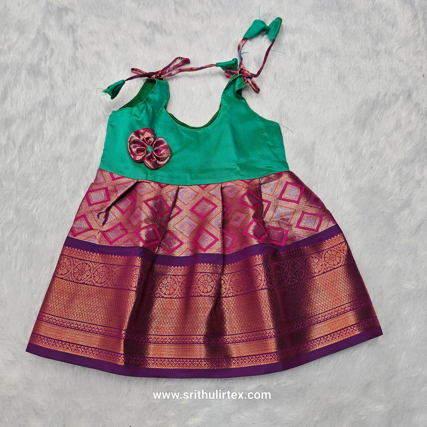 Baby silk frock with purple semi silk top and gold bridal silk skirt by Sri Thulir Tex