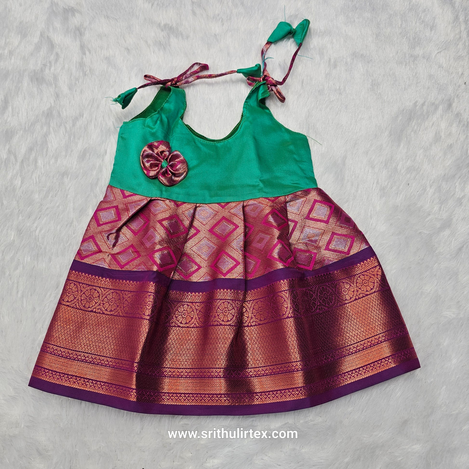 Baby silk frock with purple semi silk top and gold bridal silk skirt by Sri Thulir Tex