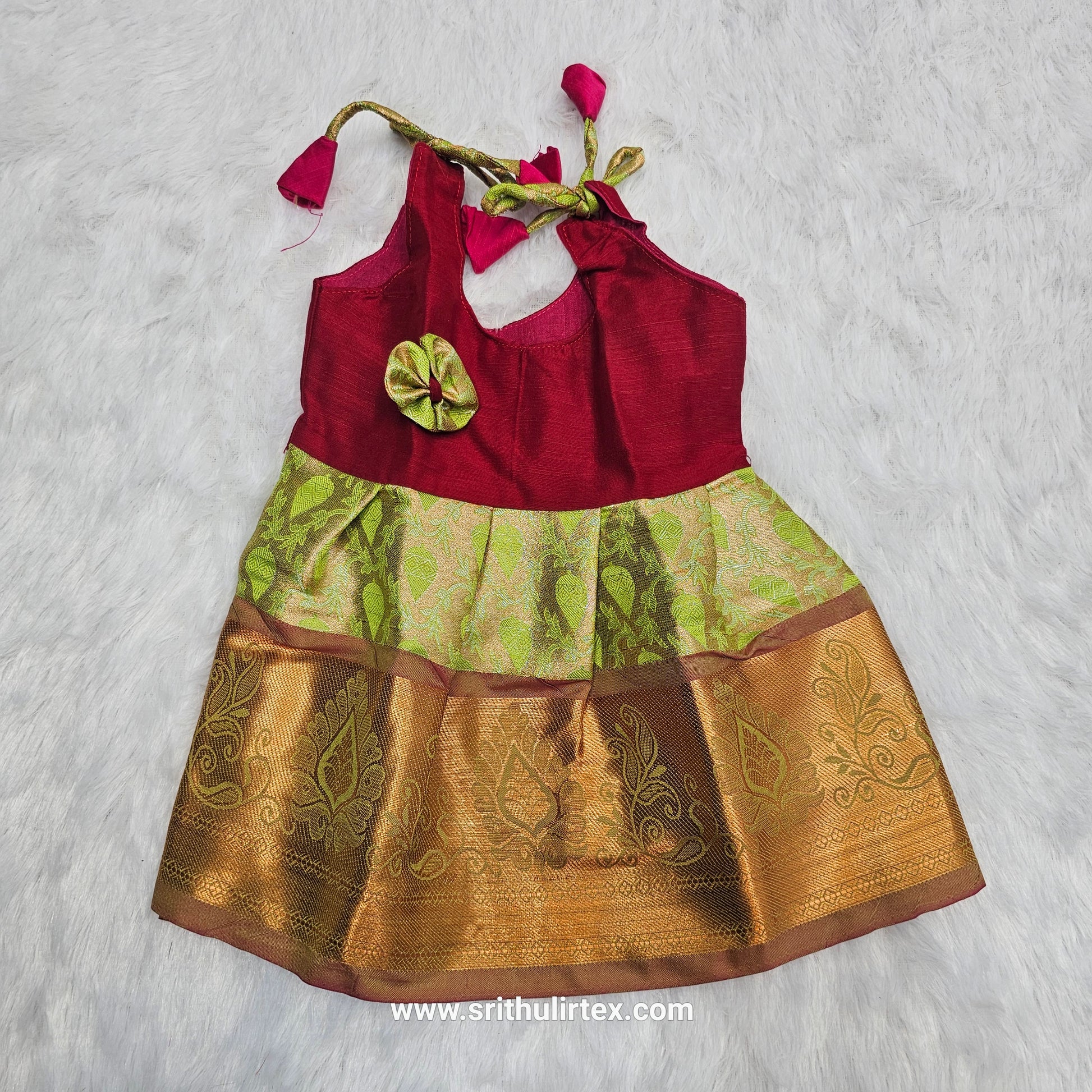 Baby silk frock with purple semi silk top and gold bridal silk skirt by Sri Thulir Tex