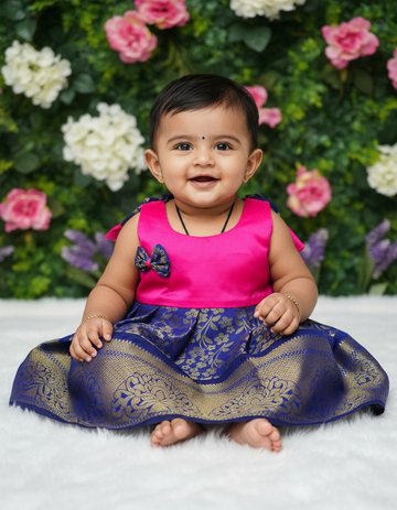 Baby silk frock with purple semi silk top and gold bridal silk skirt by Sri Thulir Tex