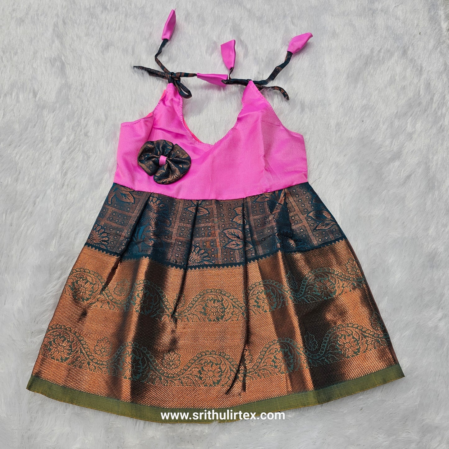Baby silk frock with purple semi silk top and gold bridal silk skirt by Sri Thulir Tex