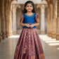 Blue and purple kids pattu pavadai set with puff sleeves and bridal silk skirt by Sri Thulir Tex