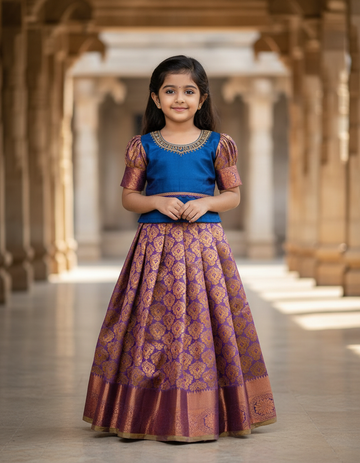 Blue and purple kids pattu pavadai set with puff sleeves and bridal silk skirt by Sri Thulir Tex