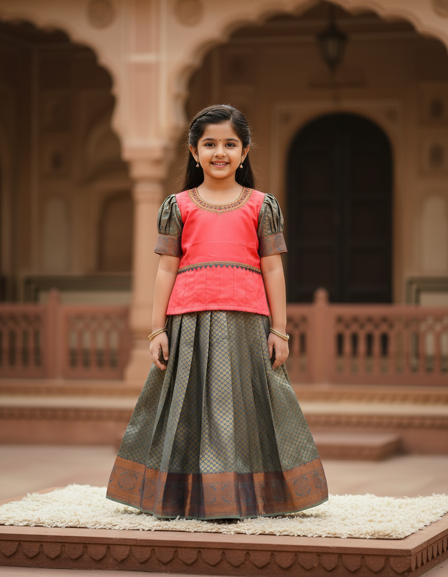 Coral pink and green kids pattu pavadai set with puff sleeves and zari bridal silk skirt by Sri Thulir Tex
