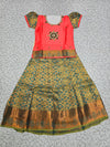 Coral pink and green silk pattu pavadai for girls with stone work blouse and zari bridal silk skirt – Sri Thulir Tex