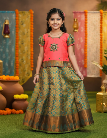 Coral pink and green silk pattu pavadai for girls with stone work blouse and zari bridal silk skirt – Sri Thulir Tex
