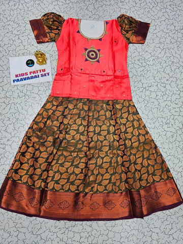 Coral pink and olive green bridal silk pattu pavadai for kids with puff sleeves and stone embroidery – Sri Thulir Tex traditional festive wear