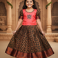 Coral pink and olive green bridal silk pattu pavadai for kids with puff sleeves and stone embroidery – Sri Thulir Tex traditional festive wear