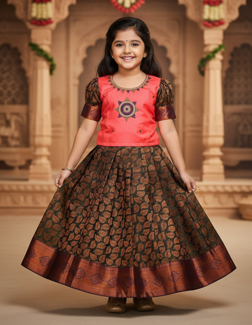 Coral pink and olive green bridal silk pattu pavadai for kids with puff sleeves and stone embroidery – Sri Thulir Tex traditional festive wear