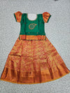 Emerald green and golden bridal silk pattu pavadai for kids with leaf embroidery and puff sleeves – Sri Thulir Tex South Indian traditional kids wear