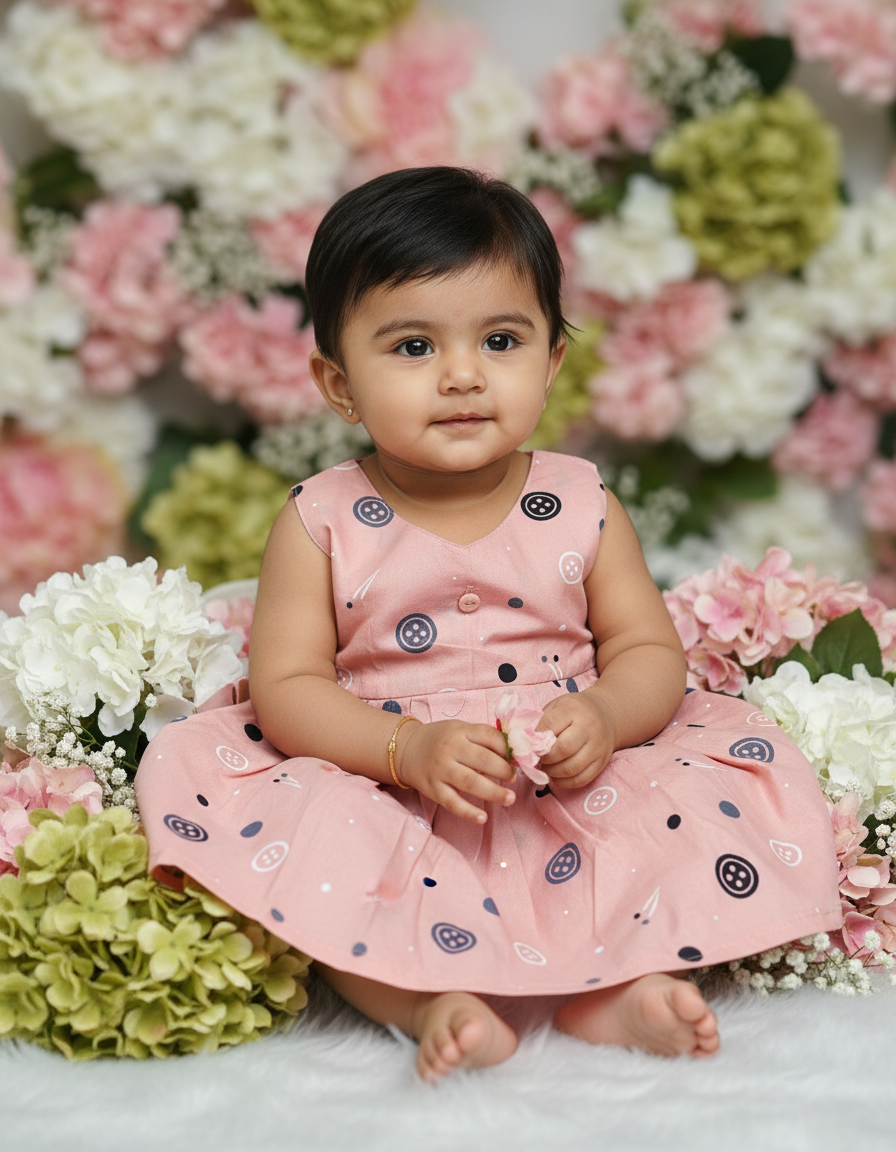 Cotton Printed Baby Frock – Front Open Button Type | New Born to 6 Months | Sri Thulir Tex