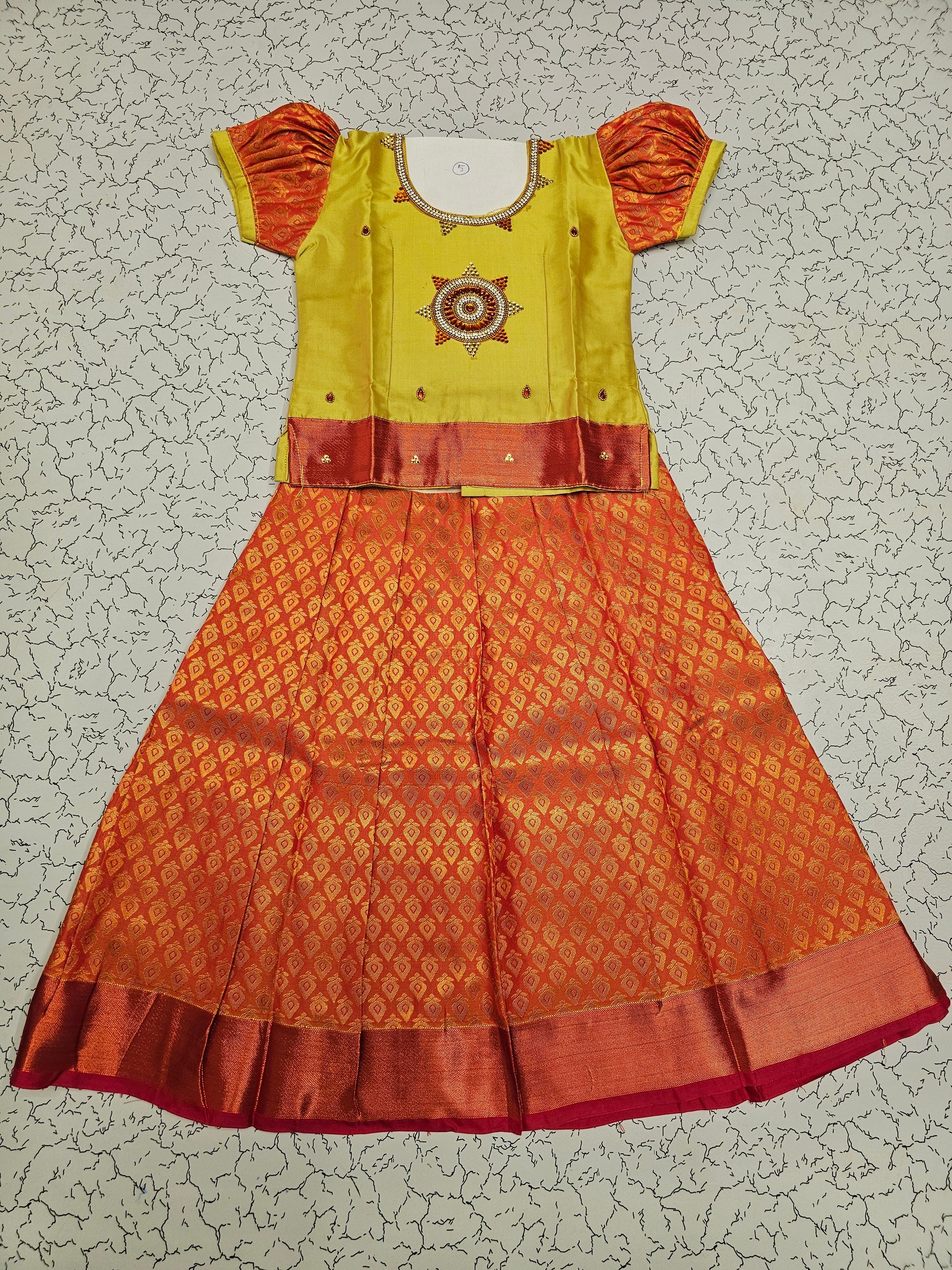 Golden yellow and red bridal silk pattu pavadai for kids with puff sleeves and stone embroidery – Sri Thulir Tex South Indian traditional kids wear