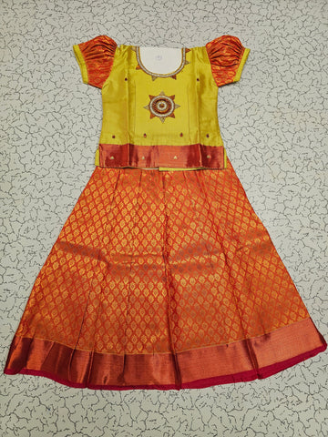 Golden yellow and red bridal silk pattu pavadai for kids with puff sleeves and stone embroidery – Sri Thulir Tex South Indian traditional kids wear