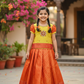 Golden yellow and red bridal silk pattu pavadai for kids with puff sleeves and stone embroidery – Sri Thulir Tex South Indian traditional kids wear