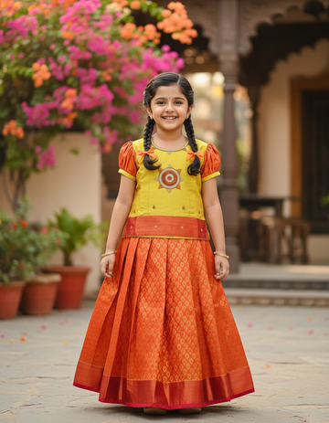 Golden yellow and red bridal silk pattu pavadai for kids with puff sleeves and stone embroidery – Sri Thulir Tex South Indian traditional kids wear