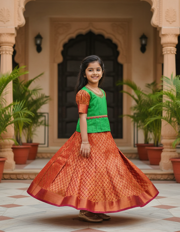 Green and copper kids pattu pavadai set with puff sleeves and bridal silk skirt by Sri Thulir Tex