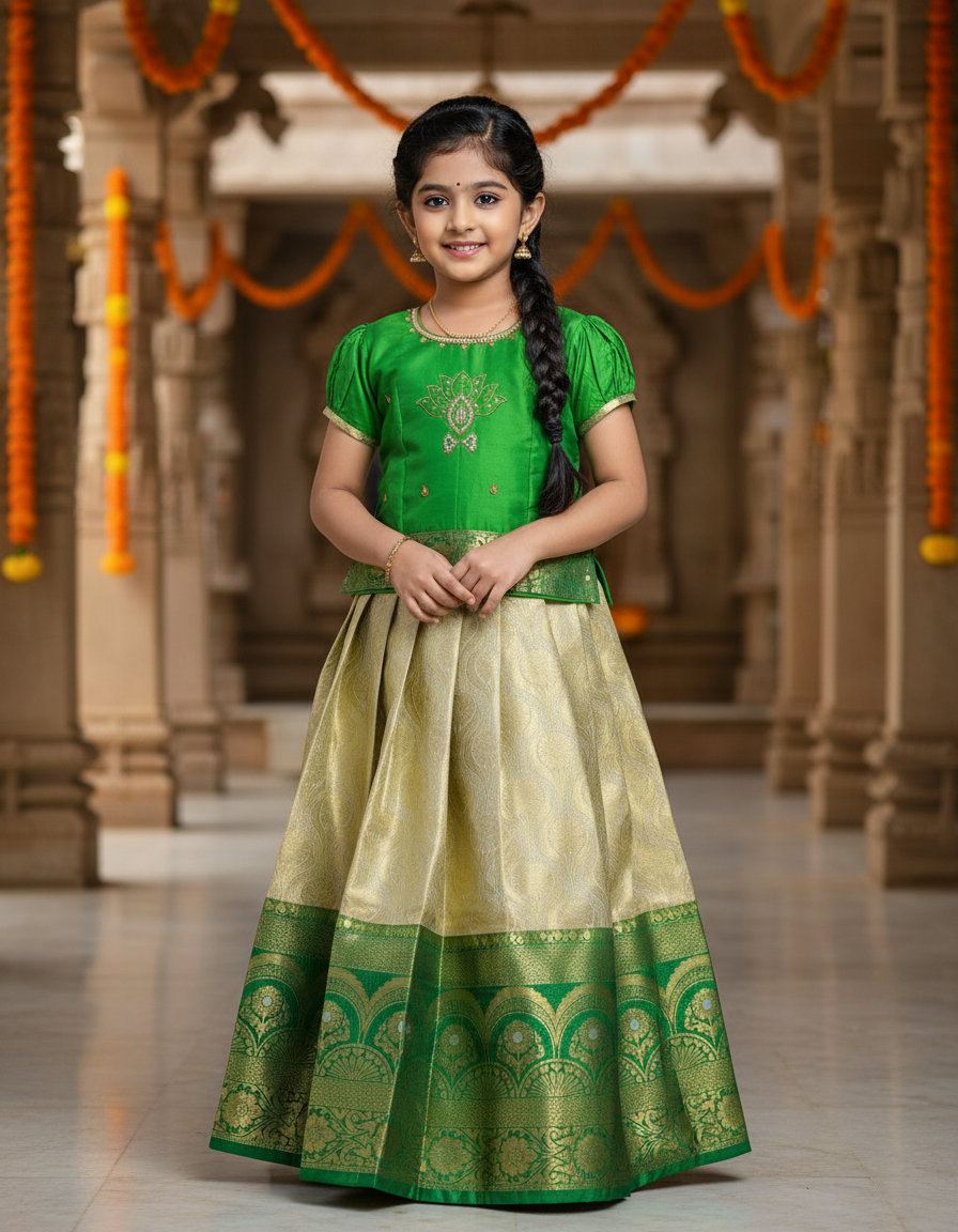 Green and golden Banarasi semi silk pattu pavadai for girls with puff sleeve and rich zari border – Sri Thulir