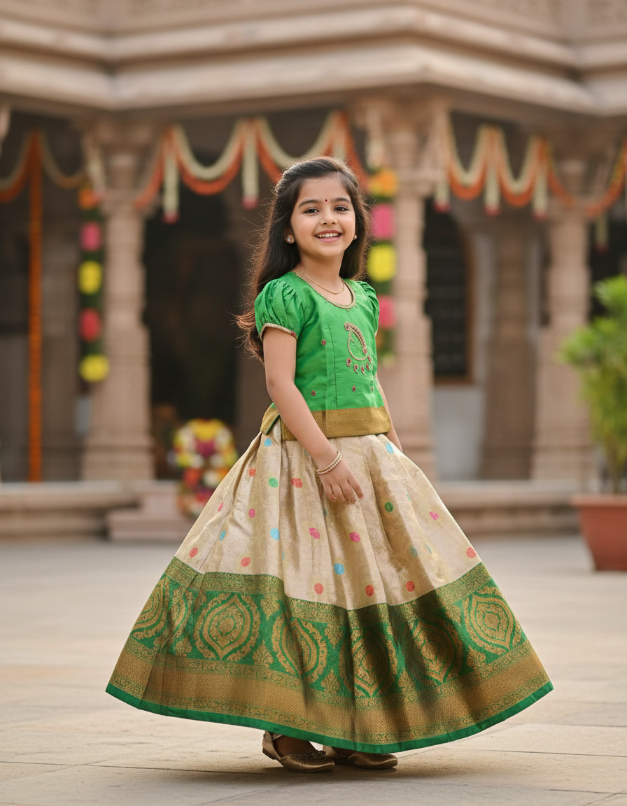 Green and golden Banarasi semi silk pattu pavadai for girls with puff sleeve and rich zari border – Sri Thulir Tex