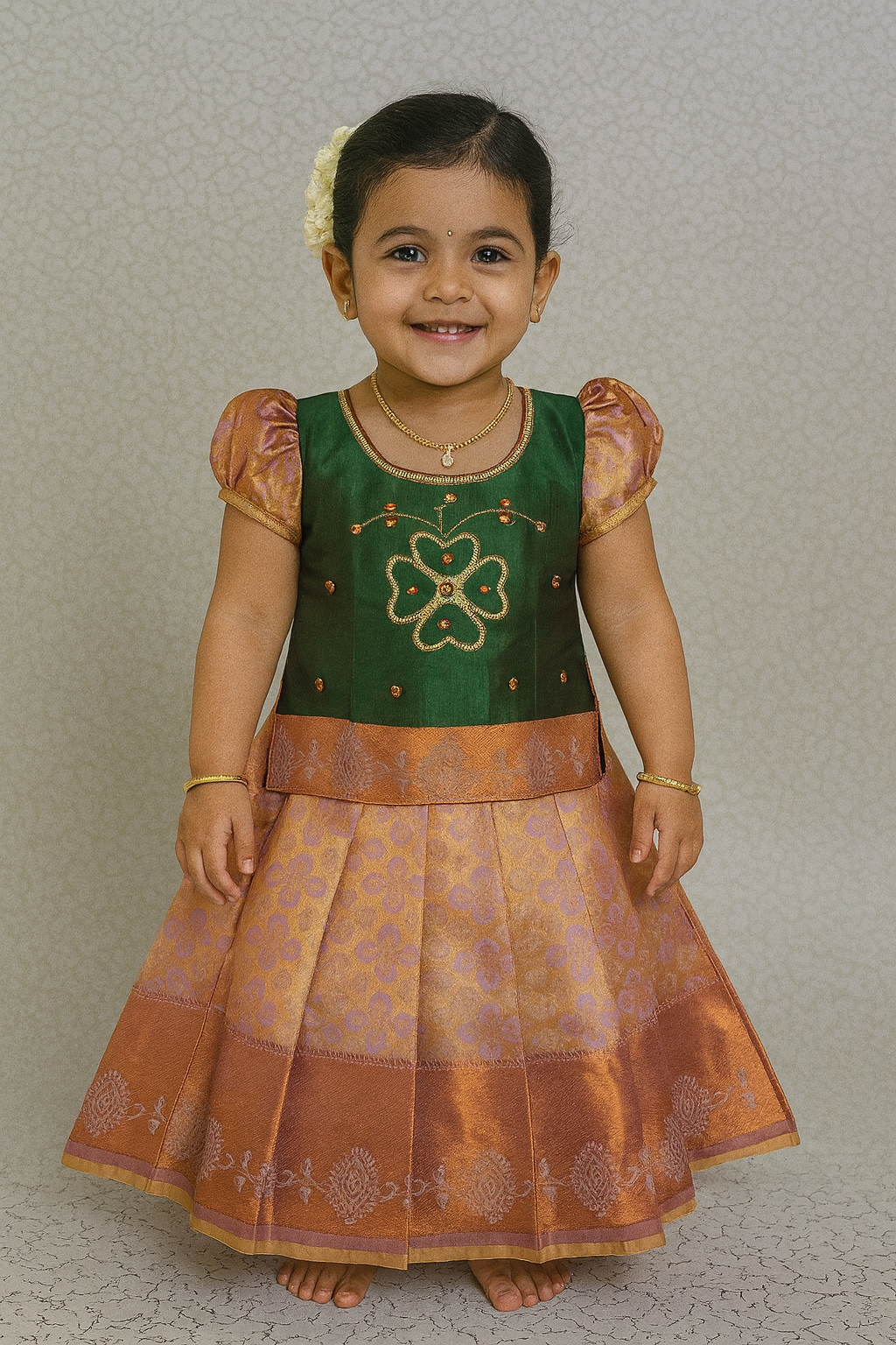 Green and lavender silk pattu pavadai for girls with designer stone work blouse and zari border skirt – Sri Thulir Tex
