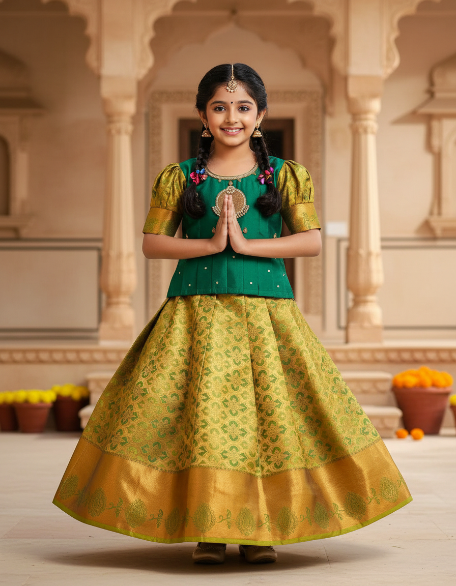 Green and mustard kids pattu pavadai set with puff sleeves and bridal silk skirt by Sri Thulir Tex