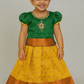 Green and mustard yellow silk pattu pavadai for girls with designer stone work blouse and zari leaf-patterned skirt – Sri Thulir Tex