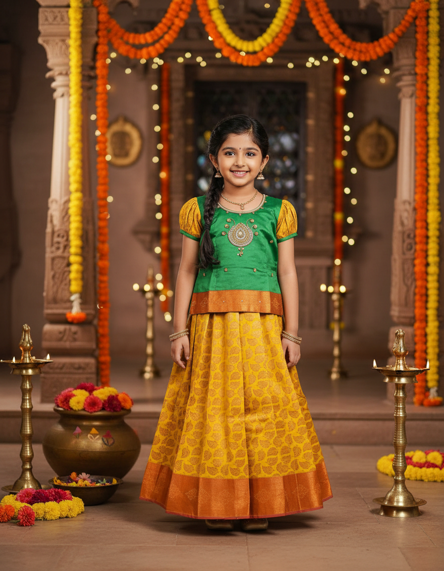 Green and mustard yellow silk pattu pavadai for girls with designer stone work blouse and zari leaf-patterned skirt – Sri Thulir Tex