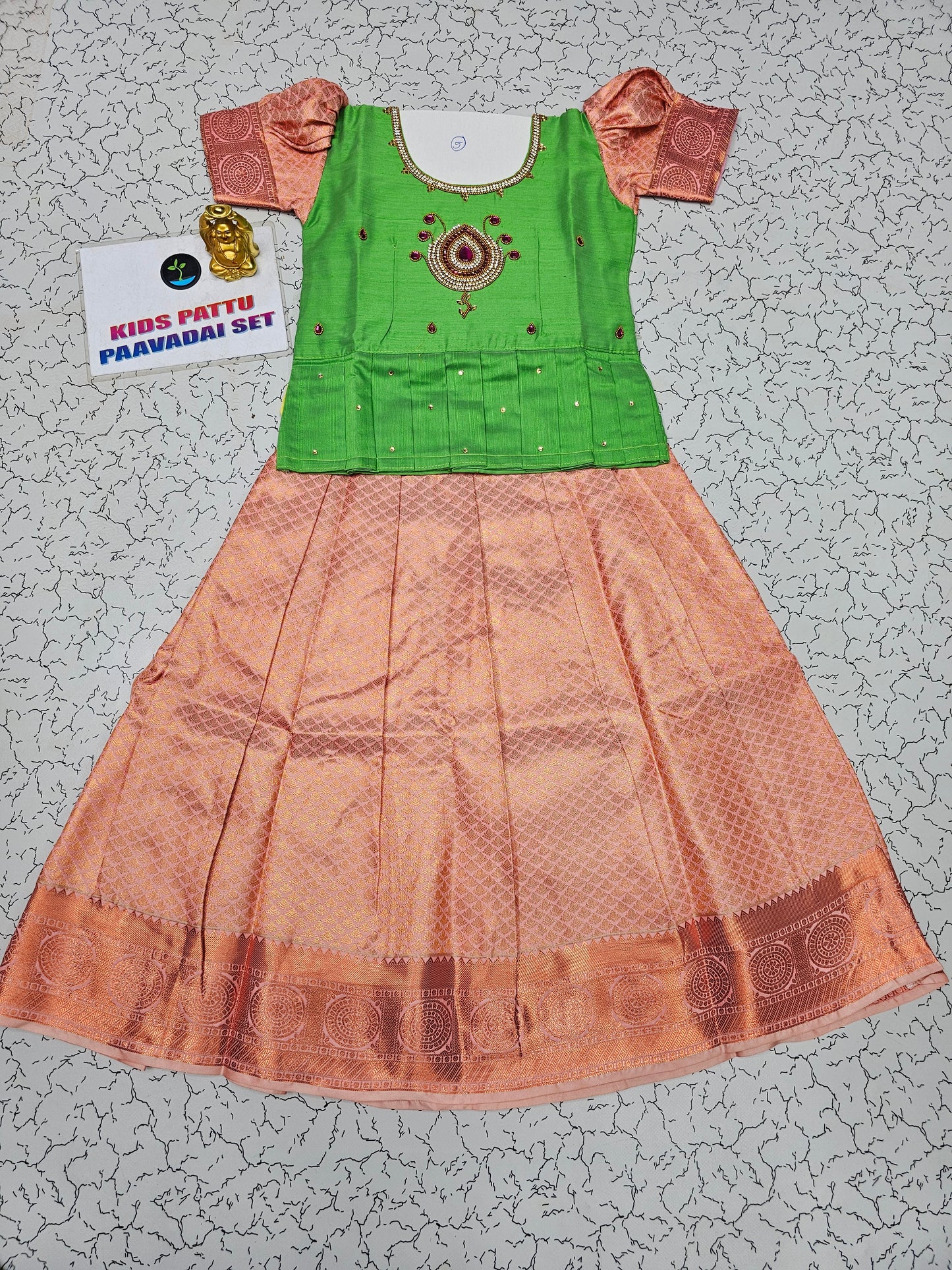 Green and peach bridal silk pattu pavadai for kids with puff sleeves and stone embroidery – Sri Thulir Tex South Indian traditional wear for girls