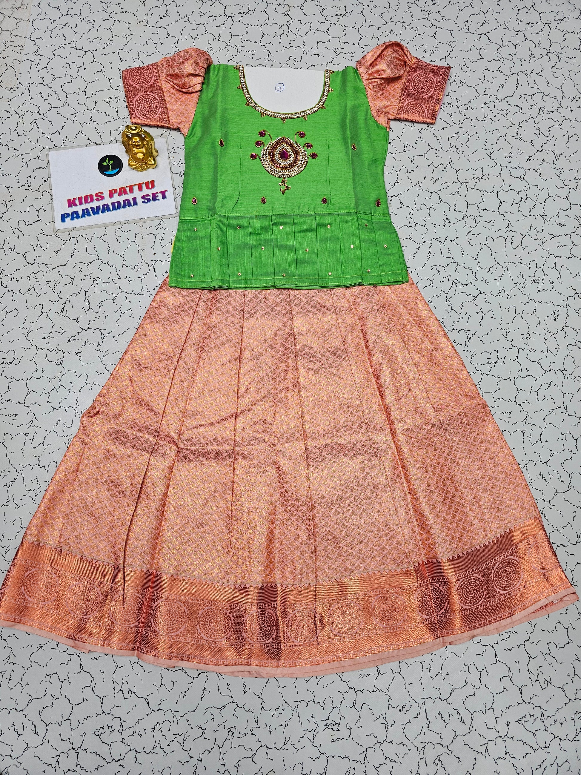 Green and peach bridal silk pattu pavadai for kids with puff sleeves and stone embroidery – Sri Thulir Tex South Indian traditional wear for girls