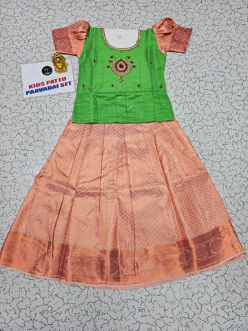 Green and peach bridal silk pattu pavadai for kids with puff sleeves and stone embroidery – Sri Thulir Tex South Indian traditional wear for girls