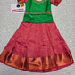 Green and pink kids pattu pavadai set with puff sleeves and bridal silk skirt by Sri Thulir Tex