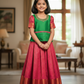Green and pink kids pattu pavadai set with puff sleeves and bridal silk skirt by Sri Thulir Tex