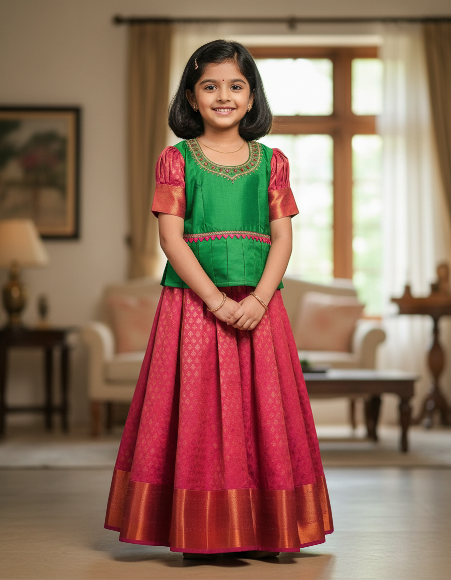 Green and pink kids pattu pavadai set with puff sleeves and bridal silk skirt by Sri Thulir Tex