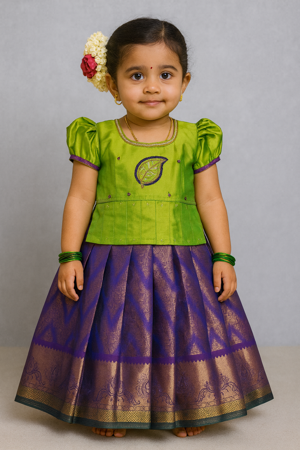 Little South Indian girl wearing a green and purple silk pattu pavadai with puff sleeves and leaf embroidery blouse – Sri Thulir Tex traditional kids wear