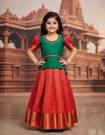 Green and red kids pattu pavadai set with puff sleeves and premium bridal silk skirt by Sri Thulir Tex