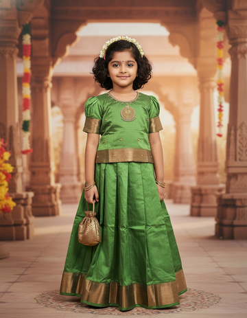 Green semi silk pattu pavadai for girls with puff sleeves and gold zari border – Sri Thulir Tex
