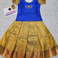Kids blue and gold pattu pavadai set with puff sleeves and zari silk skirt by Sri Thulir Tex