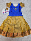 Kids blue and gold pattu pavadai set with puff sleeves and zari silk skirt by Sri Thulir Tex