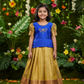 Kids blue and gold pattu pavadai set with puff sleeves and zari silk skirt by Sri Thulir Tex