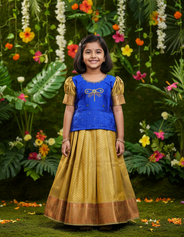 Kids blue and gold pattu pavadai set with puff sleeves and zari silk skirt by Sri Thulir Tex