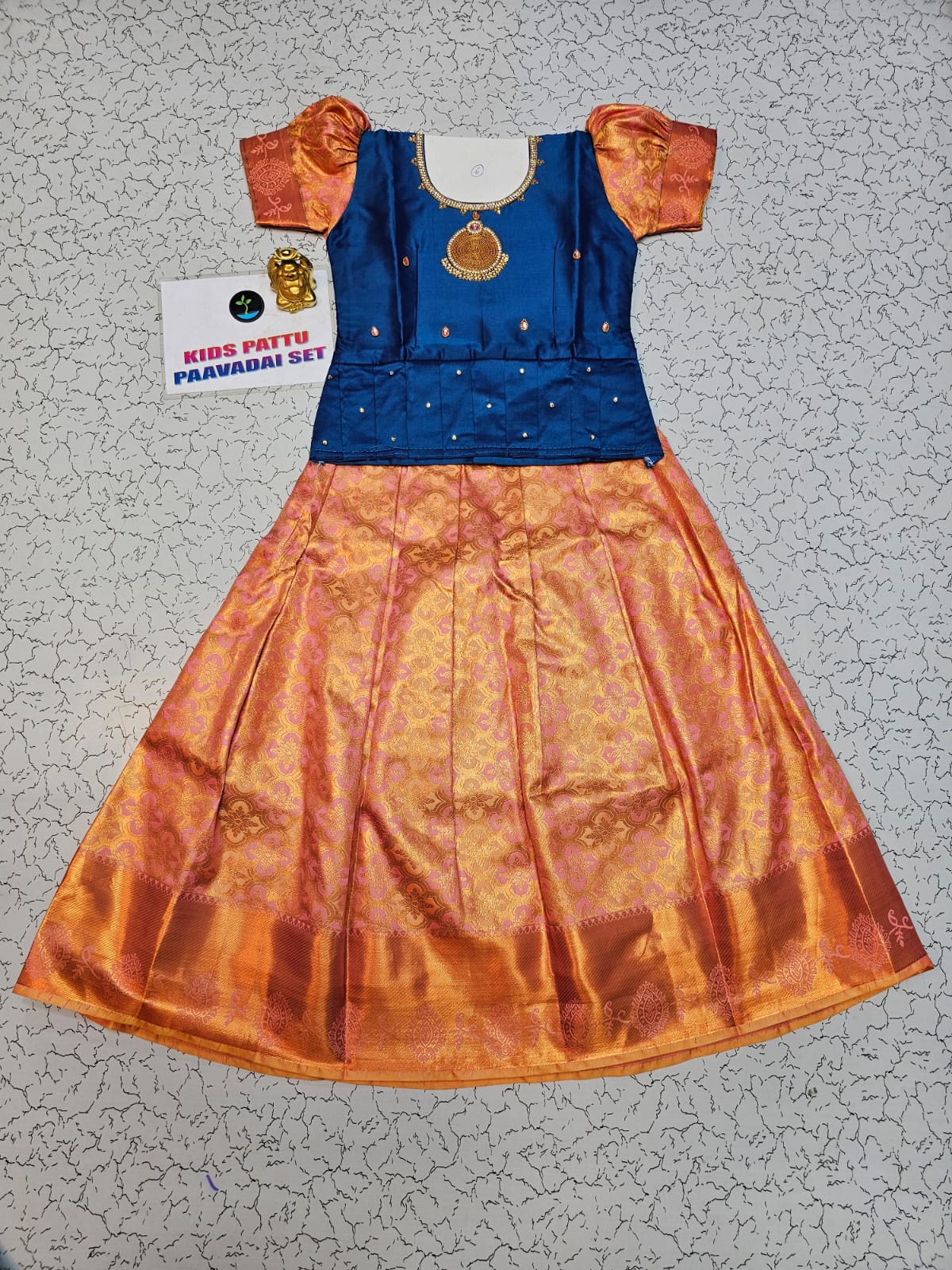 Kids Blue and Orange Pattu Pavadai Set with Semi Silk Top and Bridal Silk Skirt – Traditional South Indian Dress