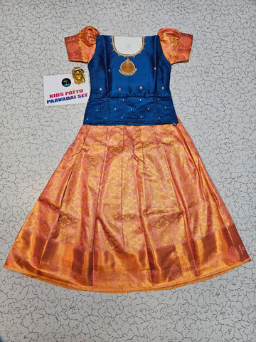 Kids Blue and Orange Pattu Pavadai Set with Semi Silk Top and Bridal Silk Skirt – Traditional South Indian Dress