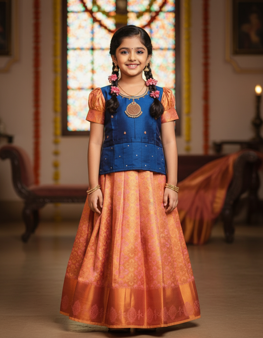 Kids Blue and Orange Pattu Pavadai Set with Semi Silk Top and Bridal Silk Skirt – Traditional South Indian Dress