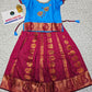 Kids Pattu Pavadai set with blue stone-work top and maroon zari woven skirt from Sri Thulir Tex.