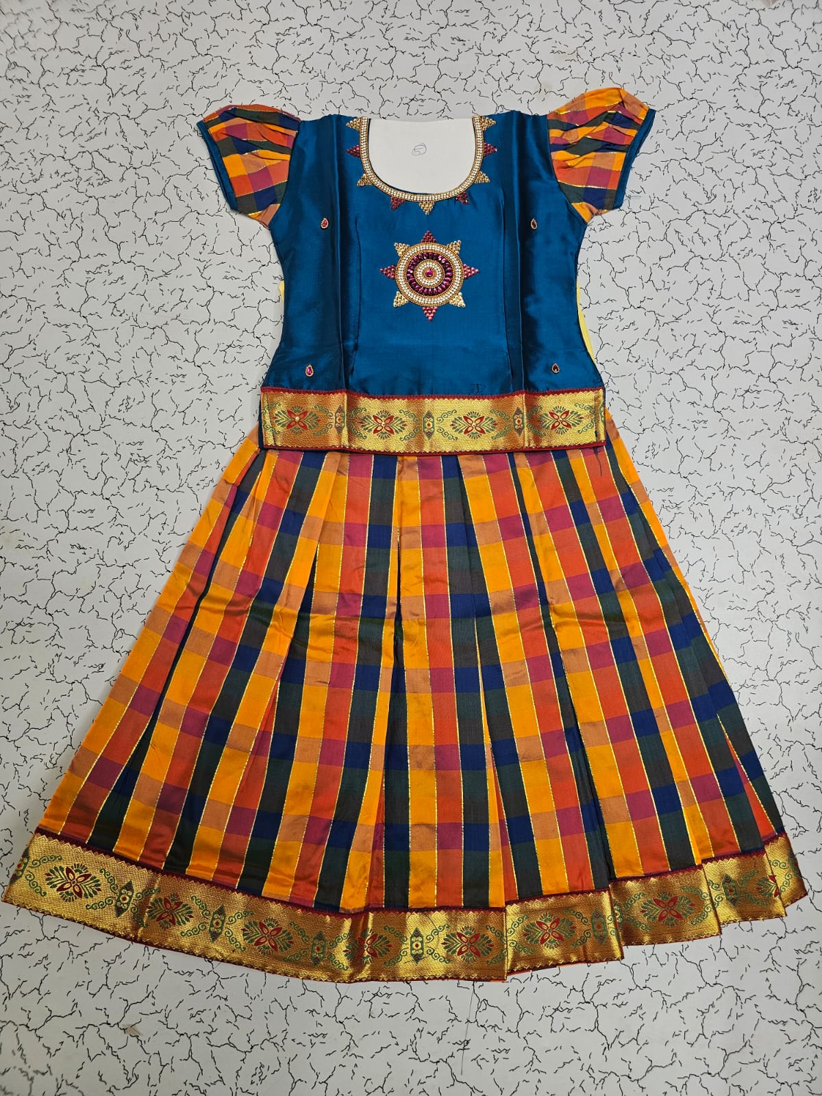 Kids blue semi-silk top with orange navy yellow palum palam checked pattu pavadai – Sri Thulir Tex