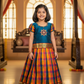 Kids blue semi-silk top with orange navy yellow palum palam checked pattu pavadai – Sri Thulir Tex