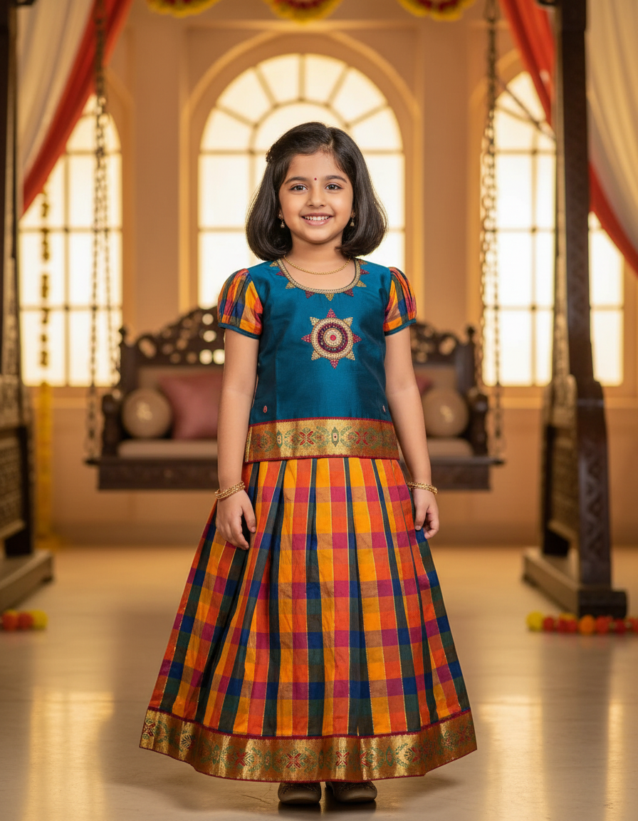 Kids blue semi-silk top with orange navy yellow palum palam checked pattu pavadai – Sri Thulir Tex
