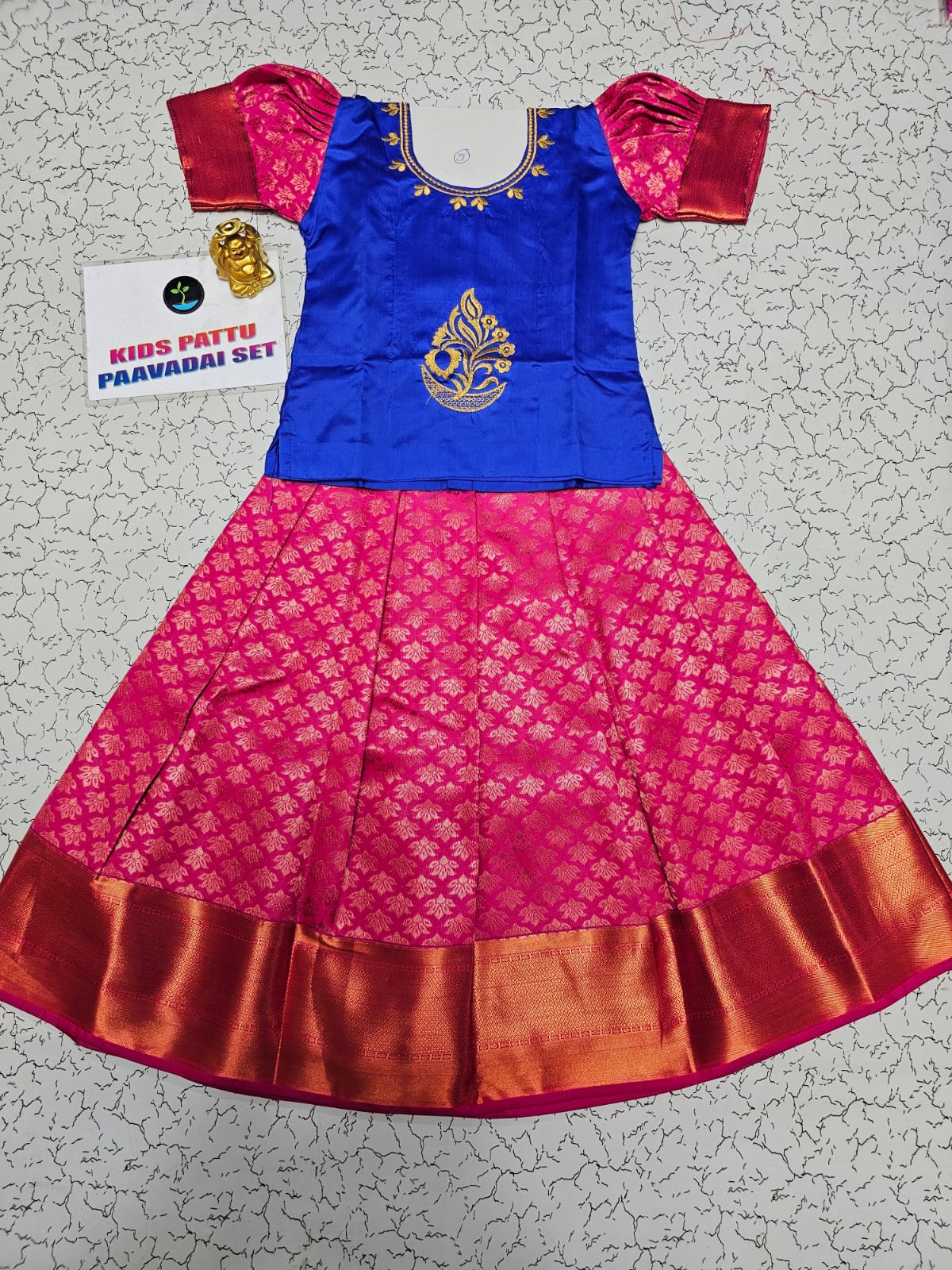 Kids pattu pavadai with blue semi silk top and pink bridal silk skirt – Sri Thulir Tex