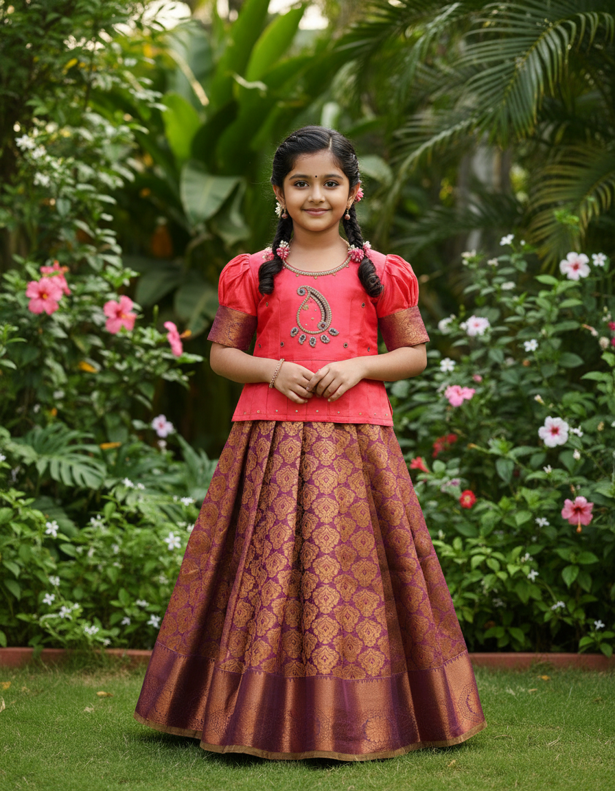 Kids pattu pavadai with coral pink semi-silk top and purple gold bridal silk skirt by Sri Thulir Tex